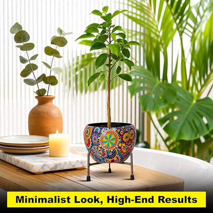 Rare Bird  6x6 Inch Metal Flower Vase Planter Pot with Iron Stand | Indoor Plant Pot for Home Decor | Mandala Fusion Spectrum Style Succulent Planter | Garden & Living Room Decoration.