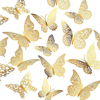Rare Bird 3D Butterfly Wall Decor - 12pc Shiny Gold Wall Stickers, 3 Sizes & 3 Cutout-Carved Designs - DIY Decorative Decals