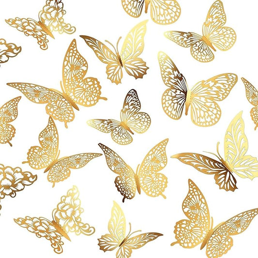 Rare Bird 3D Butterfly Wall Decor - 12pc Shiny Gold Wall Stickers, 3 Sizes & 3 Cutout-Carved Designs - DIY Decorative Decals