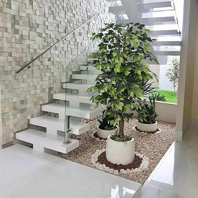 Artificial Ficus Tree, 6ft Realistic look  Plant with,Pot Faux Silk Leaves Trees and Natural Trunk for Living Room Home Office Decor Indoor (6 FEET Plants)