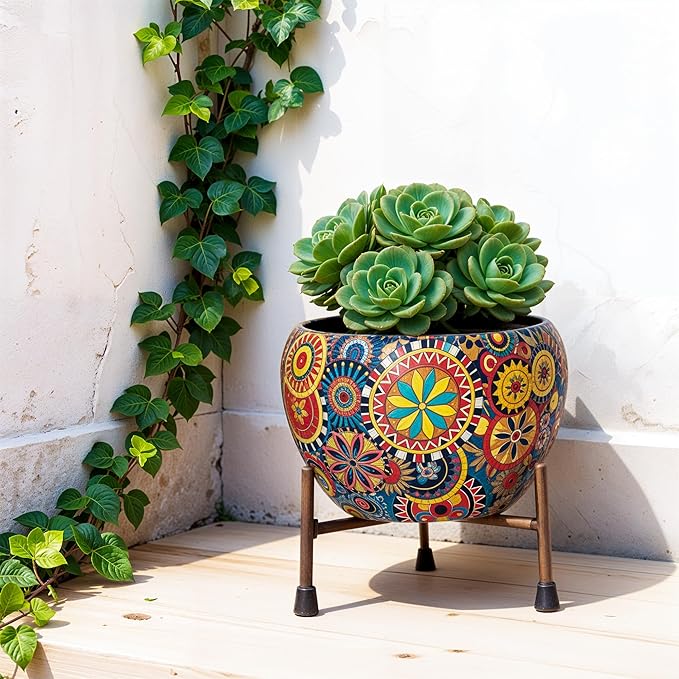 Rare Bird  6x6 Inch Metal Flower Vase Planter Pot with Iron Stand | Indoor Plant Pot for Home Decor | Mandala Fusion Spectrum Style Succulent Planter | Garden & Living Room Decoration.