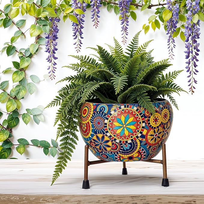 Rare Bird  6x6 Inch Metal Flower Vase Planter Pot with Iron Stand | Indoor Plant Pot for Home Decor | Mandala Fusion Spectrum Style Succulent Planter | Garden & Living Room Decoration.