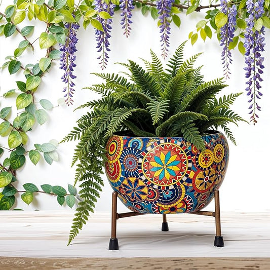 Rare Bird  6x6 Inch Metal Flower Vase Planter Pot with Iron Stand | Indoor Plant Pot for Home Decor | Mandala Fusion Spectrum Style Succulent Planter | Garden & Living Room Decoration.