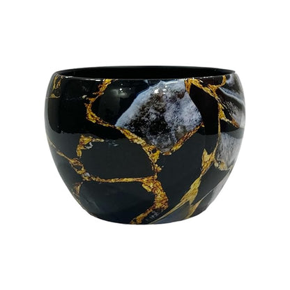 RARE BIRD HOUSE DECOR GOLDEN & WHITE Marble Print Metal Pot