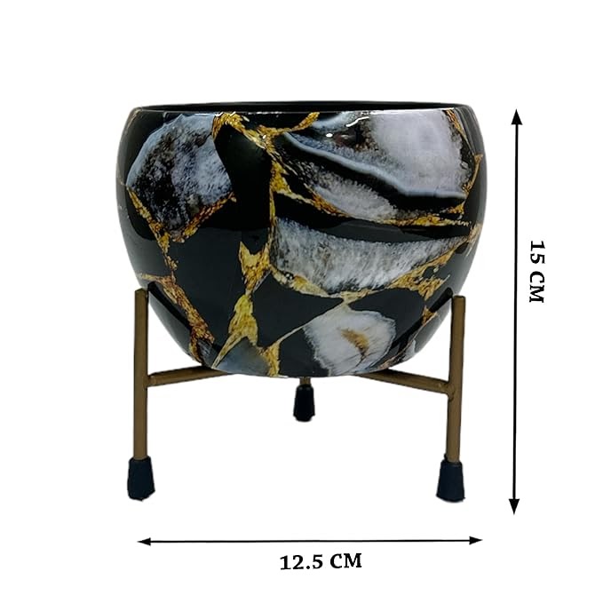 RARE BIRD HOUSE DECOR GOLDEN & WHITE Marble Print Metal Pot