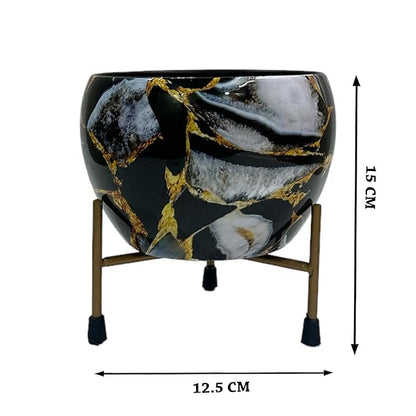 RARE BIRD HOUSE DECOR GOLDEN & WHITE Marble Print Metal Pot