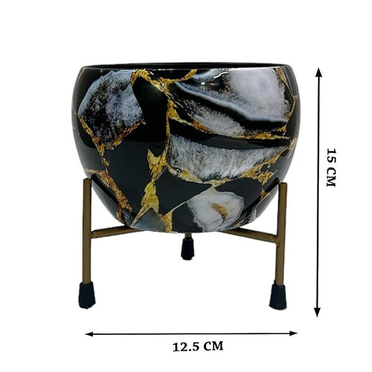 RARE BIRD HOUSE DECOR GOLDEN & WHITE Marble Print Metal Pot